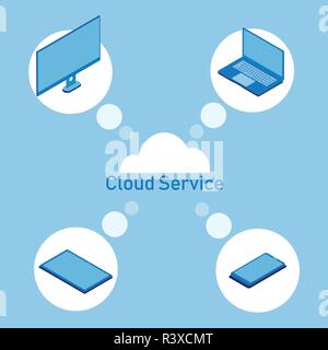 Vector of cloud services for promoting  your business, hosting cloud database, sharing files over online cloud storage. Stock Vector