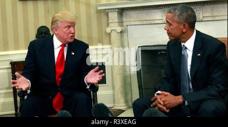 President Barack Obama and President Elect Donald Trump meeting in the Oval Office on November 10, 2016 Stock Photo