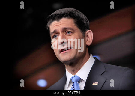 Speaker Paul Ryan answers questions at a news conference at the US Capitol on December 1st, 2016 Stock Photo