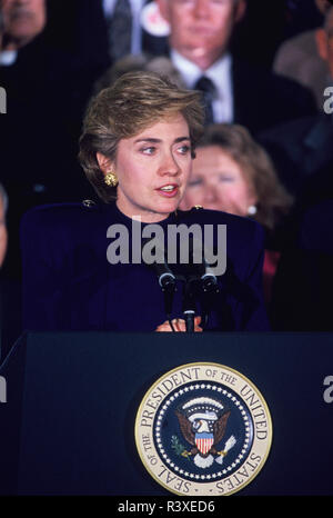 First Lady Hillary Rodham Clinton at an event in the East Room of the White House in November 1993 Stock Photo