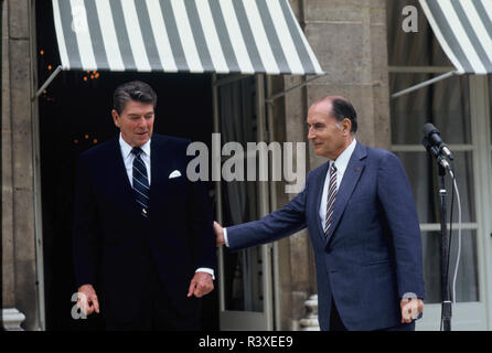 French President Francois Mitterrand and President Ronald Reagan.in Paris on June 3, 1982 Stock Photo