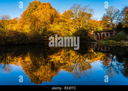 Autumn reflections on the Viaduct pond at Hampstead Heath, London, UK Stock Photo