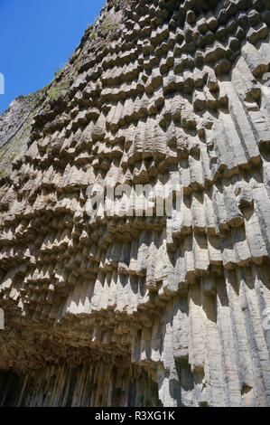 A view looking up at Basalt columns formations, Armenia Stock Photo