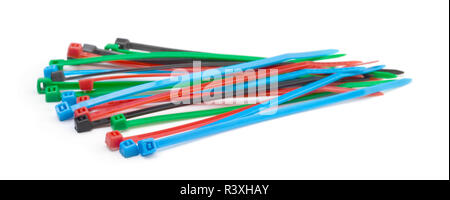 Colored plastic cable ties. Plastic clamps on a white background Stock Photo