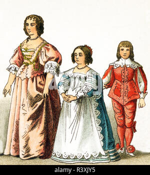 The figures represented here are all English people from the 1600s. They are, from left to right: Henrietta Maria, Consort of Charles I, daughter of Charles I, son of Charles I. Charles I was king of England, Scotland, and Ireland from 1625 until his execution in 1649. He was a Stuart and the second son of James VI of Scotland. The illustration dates to 1882. Stock Photo