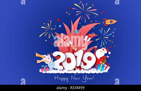 New year advertising design. Santa Claus with gift box and fireworks over big letters 2019 on blue background. Vector paper cut art illustration for promotion banners, headers, posters, stickers Stock Vector