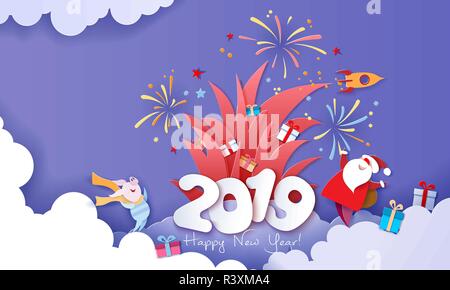 New year advertising design. Santa Claus with gift box and fireworks over big letters 2019 on blue background. Vector paper cut art illustration for promotion banners, headers, posters, stickers Stock Vector