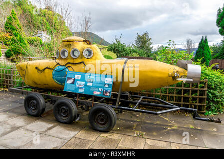 The first Viperfish yellow submarine used to search for Nessie in Loch Ness lake. Currently placed in front of Loch Ness Visitor Centre and Exhibition Stock Photo