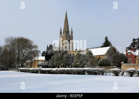 Winter snow, St Andrews parish church, West Deeping village, Lincolnshire, England; Britain; UK Stock Photo
