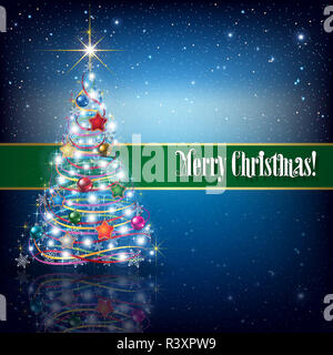 Celebration greeting with Christmas tree and snowflakes Stock Photo