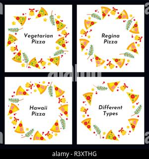 Set of circle frames. Different types of Christmas pizza. Background for invitations, advertisements, postcards Stock Vector