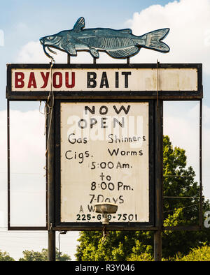 USA, Louisiana. Venice, Lower Mississippi River Basin, Atchafalaya Basin, Bayou Sorrel, sign for Bayou Bait Shop Stock Photo