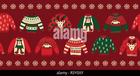Ugly Christmas sweaters seamless vector border. Knitted winter jumpers with norwegian ornaments and decorations. Holiday design green, red, white for  Stock Vector