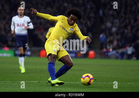 London, UK. 24th Nov 2018. Willian of Chelsea takes a shot at goal. EPL Premier League match, Tottenham Hotspur v Chelsea at Wembley Stadium in London on Saturday 24th November 2018.  this image may only be used for Editorial purposes. Editorial use only, license required for commercial use. No use in betting, games or a single club/league/player publications . pic by Steffan Bowen/Andrew Orchard sports photography/Alamy Live news Stock Photo