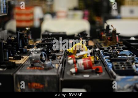 Athens, Greece. 24th Nov, 2018. Tattoo equipment are seen displayed at the tattoo parlour during the Tattoo EXPO 2018. Credit: Giorgos Zachos/SOPA Images/ZUMA Wire/Alamy Live News Stock Photo