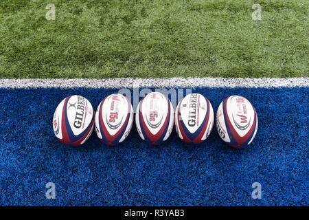 London, UK. 24th Nov 2018. The official match ball during Tyrrells Premier 15s League - Saracens Women against Loughborough Lightning at Allianz Park on Saturday, 24 November 2018. LONDON ENGLAND.  (Editorial use only, license required for commercial use. No use in betting, games or a single club/league/player publications.) Credit: Taka G Wu/Alamy Live News Stock Photo