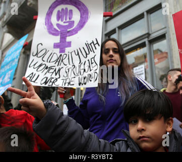 Athens, Greece. 24th Nov, 2018. People take part in a march mainly focusing on violence against women on the eve of the International Day for the Elimination of Violence against Women in Athens, Greece, on Nov. 24, 2018. On the eve of the International Day for the Elimination of Violence against Women which falls on Nov. 25 each year, Greek authorities, experts and victims of abuse called on women suffering in silence across the country to 'speak up.' Credit: Marios Lolos/Xinhua/Alamy Live News Stock Photo