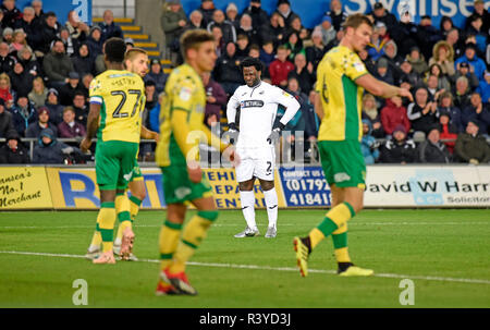 Swansea, UK. 24th November 2018. Wilfried Bony of Swansea City © reacts in frustration.  EFL Skybet championship match, Swansea city v Norwich City at the Liberty Stadium in Swansea, South Wales on Saturday 24th November 2018.  this image may only be used for Editorial purposes. Editorial use only, license required for commercial use. No use in betting, games or a single club/league/player publications. pic by Phil Rees/Andrew Orchard sports photography/Alamy Live news Stock Photo