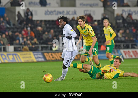 Swansea, UK. 24th November 2018. Wilfried Bony of Swansea City is tackled.  EFL Skybet championship match, Swansea city v Norwich City at the Liberty Stadium in Swansea, South Wales on Saturday 24th November 2018.  this image may only be used for Editorial purposes. Editorial use only, license required for commercial use. No use in betting, games or a single club/league/player publications. pic by Phil Rees/Andrew Orchard sports photography/Alamy Live news Stock Photo