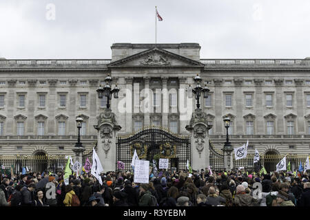 London, Greater London, UK. 24th Nov, 2018. Climate change activist stand outside the gates of Buckingham Palace.Thousands of demonstrators from the new Extinction Rebellion climate change movement gathered at Parliament Square for a memorial and funeral march through London. Demonstrators paid homage to the lives lost due to climate change, and marched carrying a coffin from Parliament Square to Buckingham Palace. Credit: Andres Pantoja/SOPA Images/ZUMA Wire/Alamy Live News Stock Photo