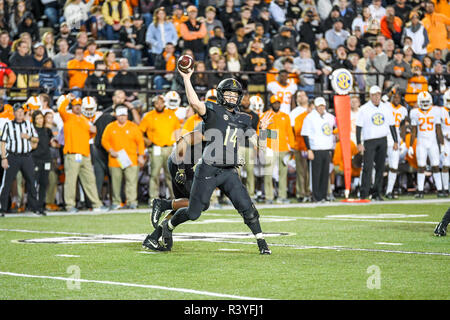 Nashville. 24th Nov, 2018. Kyle Shurmur (14) passing the ball during the game between the Tennessee Volunteers and the Vanderbilt Commodores at Vanderbilt Stadium in Nashville. TN. Thomas McEwen/CSM/Alamy Live News Stock Photo