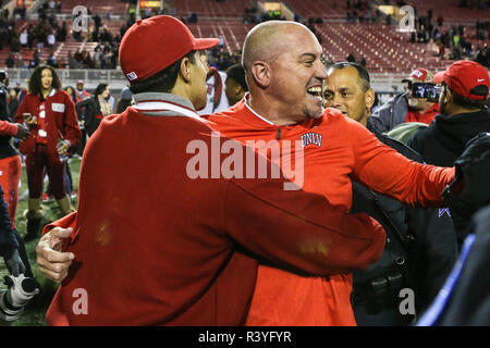 Las Vegas, Nevada, USA. 24th Nov, 2018. UNLV Rebels head coach Tony Sanchez celebrates with fans after the UNLV Rebels defeated the Nevada Wolf Pack 34 to 29 at Sam Boyd Stadium in Las Vegas, Nevada. Christopher Trim/CSM/Alamy Live News Stock Photo