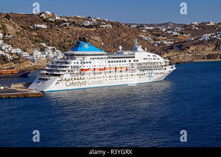 Celestyal Cruises cruise liner Celestyal Crystal moored in the harbour at Mykonos town on island Mykonos in the Cyclades group in Aegean Sea Greece Stock Photo