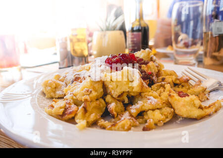Kaiserschmarrn - traditional austrian pancake dessert served in a restaurant Stock Photo