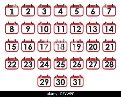 Vector illustration, flat design. Calendar day icon set, number on calendar page Stock Vector