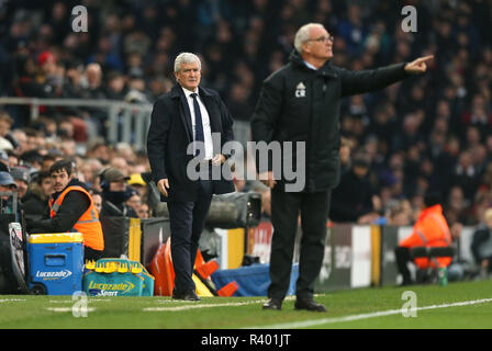 Southampton manager Mark Hughes (left) and Fulham manager Claudio Ranieri during the Premier League match at Craven Cottage, London. PRESS ASSOCIATION Photo. Picture date: Saturday November 24, 2018. See PA story SOCCER Fulham. Photo credit should read: Steven Paston/PA Wire. RESTRICTIONS: No use with unauthorised audio, video, data, fixture lists, club/league logos or 'live' services. Online in-match use limited to 75 images, no video emulation. No use in betting, games or single club/league/player publications.