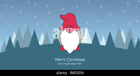 christmas greeting card with cute christmas dwarf and snowy landscape vector illustration EPS10 Stock Vector