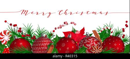 Merry Christmas. Festive red Christmas Balls in row with fir decoration, candy cane, lolly pop, holly, Poinsettia, berries, cinnamon, star anise, patt Stock Vector