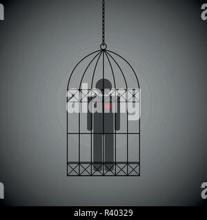 man with red heart in a cage on dark background vector illustration EPS10 Stock Vector