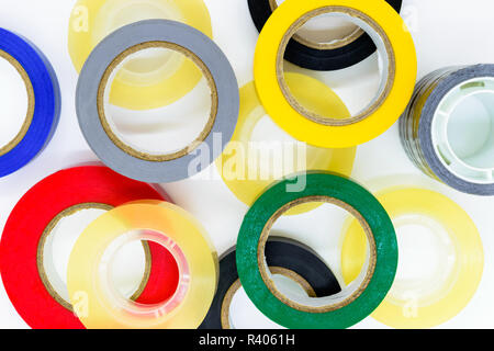 Various colors round adhesive tapes on white background surface Stock Photo
