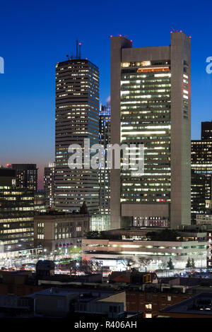 USA, Massachusetts, Boston, elevated city skyline above South Station with the Federal Reserve Bank at dusk Stock Photo