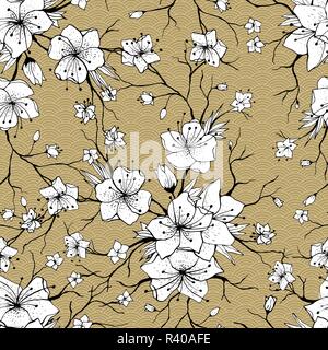 Sakura branches seamless pattern. Japanese Cherry abstract texture. Apple tree twigs with flowers and buds. Cherry blossom Golden background. Stock Vector