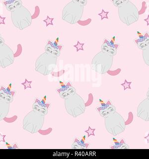 Cute cats unicorn or caticorn seamless pattern. Cartoon vector illustration on the pink background. Perfect for kids fabric, textile, nursery wallpape Stock Vector