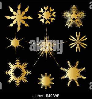 Set of Gold Snowflakes  Vector  Icon Symbol Design. Vector Winter illustration isolated on black background Stock Vector