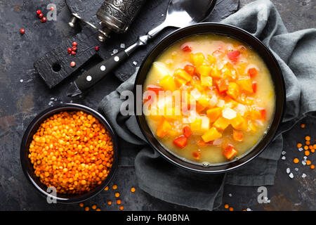 Red lentil soup with vegetables. Vegetarian food Stock Photo
