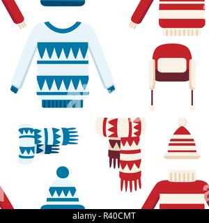 Seamless pattern. Winter knitted clothes collection. Sweater, hats, scarf. Handmade clothtes with pattern, winter style. Flat vector illustration on w Stock Vector