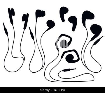 Black silhouette. Set of wired and wireless earbuds. Earphones in flat style. Lifestyles accessories. Flat vector illustration isolated on white backg Stock Vector