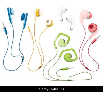 Set of wired and wireless earbuds. Colorful earphones in flat style. Lifestyles accessories. Flat vector illustration isolated on white background. Stock Vector