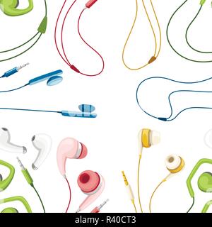 Seamless pattern. Set of wired and wireless earbuds. Colorful earphones in flat style. Lifestyles accessories. Flat vector illustration on white backg Stock Vector