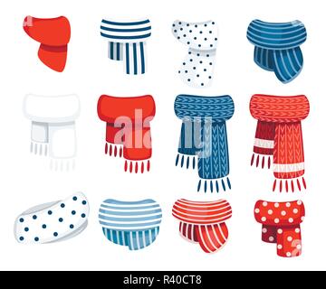 Set of scarves for boys and girls in cold weather. Winter style clothes. Scarves with different pattern. Flat vector illustration isolated on white ba Stock Vector