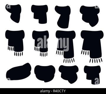 Black silhouette. Set of scarves for boys and girls in cold weather. Winter style clothes. Scarves with different pattern. Flat vector illustration is Stock Vector