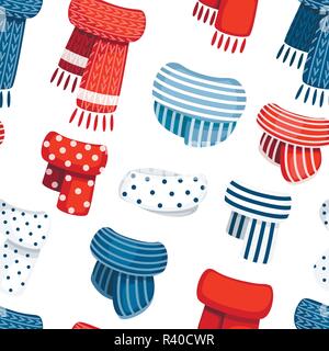 Seamless pattern. Set of scarves for boys and girls in cold weather. Winter style clothes. Scarves with different pattern. Flat vector illustration on Stock Vector