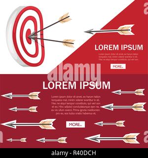 Red archery target with two arrows in the center. Flying arrow. Flat vector illustration on white and red background. Concept for shooting range. Web  Stock Vector