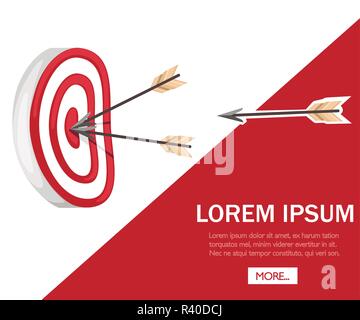 Red archery target with two arrows in the center. Flying arrow. Flat vector illustration on white and red background. Concept for shooting range. Web  Stock Vector