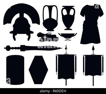 Black silhouette. Collection of ancient Roman icons. Clothes, gladius, scutum, scrolls and ceramic tableware. Flat vector illustrator isolated on whit Stock Vector