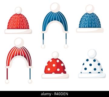 Set of knitted winter wool hat cap. Handmade product. Hats with patterns, clothes for children. Flat vector illustration isolated on white background. Stock Vector